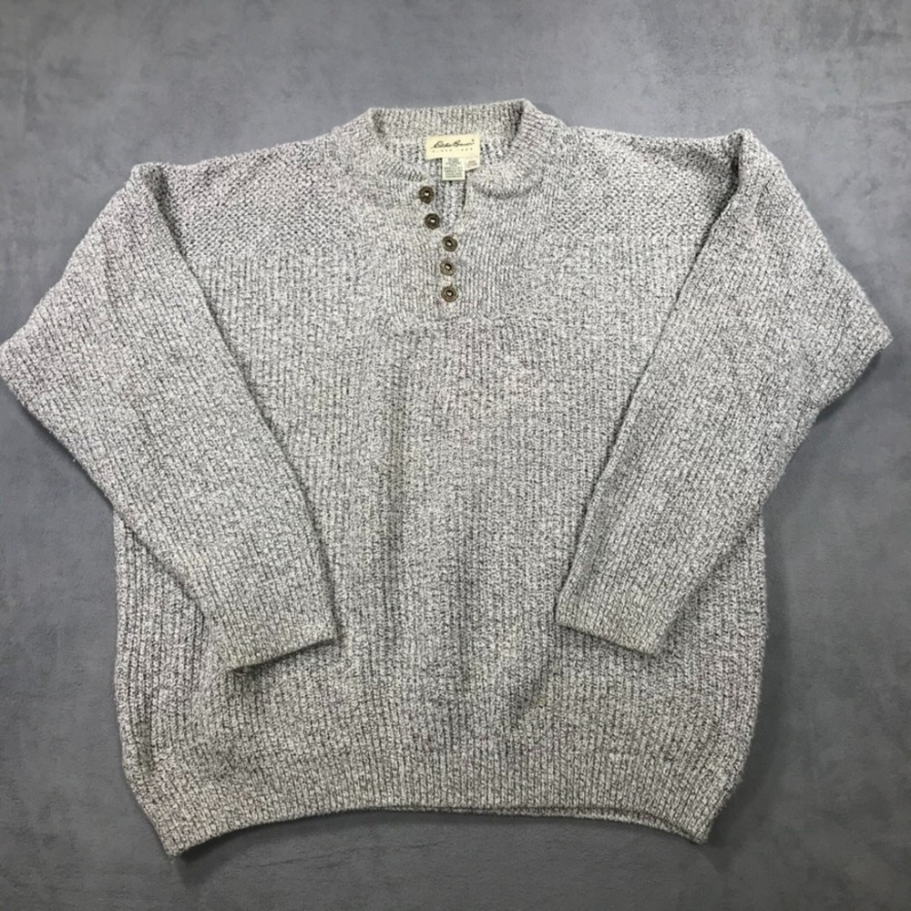 Vintage Eddie Bauer Sweater Mens XL Marled Henley Fisherman USA Made 90s Gray